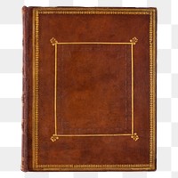Antique book png sticker, brown leather cover with gold details