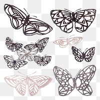 Butterfly png design element, drawing clip art, transparent background set