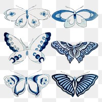 Japanese woodblock butterfly png sticker, drawing illustration set