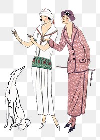Png vintage women with dog, remixed from vintage illustration published in Tr&egrave;s Parisien