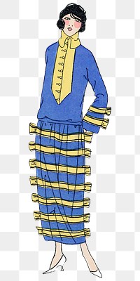 Png woman wearing blue flapper dress, remixed from vintage illustration published in Tr&egrave;s Parisien