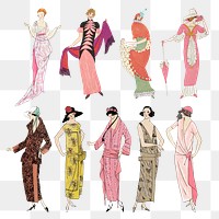 Woman png in fashionable vintage dress, featuring public domain artworks