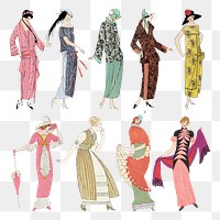 Woman png in fashionable vintage dress set, featuring public domain artworks