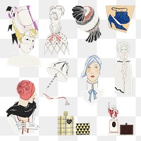 Png vintage woman and beauty item set, featuring public domain artworks
