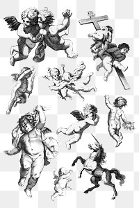 Vintage cute cherub png sticker illustration set