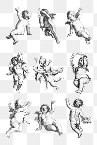 Vintage cute cherub png sticker illustration set