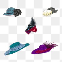 Vintage ladies hat png illustration set, remix from artworks by Charles Martin