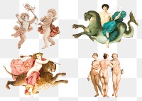 Vintage cupid, gods and nude woman illustration png set