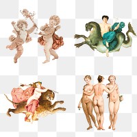 Vintage cupid, gods and nude woman illustration png set