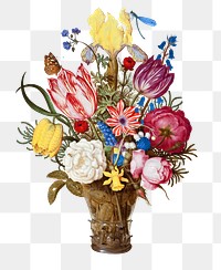 Png Bouquet of Flowers in a Glass Vase sticker, still life floral illustration, Ambrosius Bosschaert's artwork remastered by rawpixel
