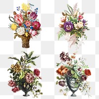 Vintage png colorful flowers sticker illustration set