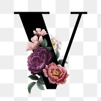 Classic and elegant floral alphabet font letter V transparent png