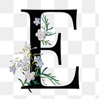 Elegant alphabet E png floral typography