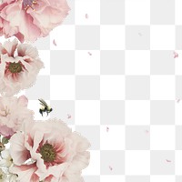 Pink cherry blossom and peony flower branch border frame on transparent background