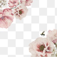 Pink cherry blossom, peony and white azalea flower branch border frame on transparent background