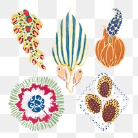 Vintage botanical png sticker, colorful art deco clip art set