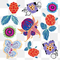 Flower png sticker, colorful vintage illustration set