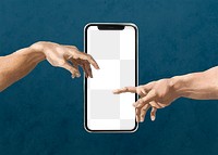 Mobile PNG mockup, hands of god and Adam, remixed from artworks by Michelangelo Buonarroti
