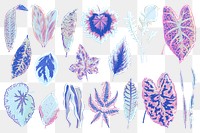 Blue leaf png sticker, aesthetic nature illustration on transparent background set