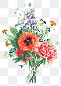 Vintage foxglove, clematis, pansy, peony, poppy, and yellow day lily flower bouquet illustration botanical wall art
