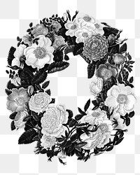 Vintage black and white rose flower wreath design element