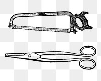 Scissors & saw sticker png, black ink drawing, digitally enhanced from our own original copy of The Open Door to Independence (1915) by Thomas E. Hill.