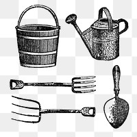 Farming tools sticker png, vintage black ink illustration, set on transparent background, digitally enhanced from our own original copy of The Open Door to Independence (1915) by Thomas E. Hill.