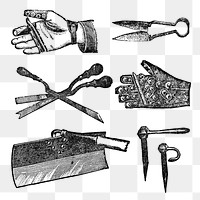 Farming tools sticker png, vintage black ink illustration, set on transparent background, digitally enhanced from our own original copy of The Open Door to Independence (1915) by Thomas E. Hill.