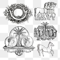 Vintage icon png sticker, 19th century design element on transparent background set