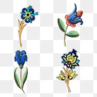 Vintage blue flower illustration png set, featuring public domain artworks