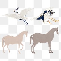 Vintage png bird embroidery and horse illustration set, featuring public domain artworks