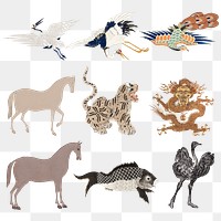 Vintage png animal embroidery and illustration set, featuring public domain artworks