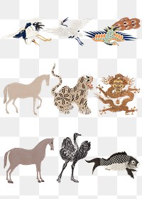 Vintage png animal embroidery and illustration set, featuring public domain artworks