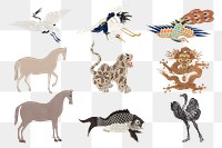 Vintage png animal embroidery and illustration set, featuring public domain artworks