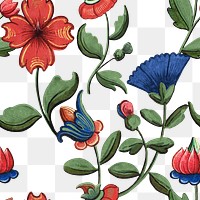 Vintage red and blue floral pattern transparent background, featuring public domain artworks