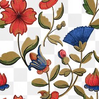 Vintage red and blue floral pattern transparent background, featuring public domain artworks