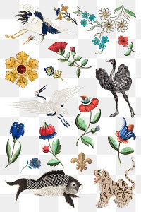 Vintage flower animal gold badge illustration png set, featuring public domain artworks
