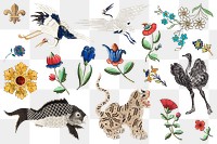 Vintage flower animal gold badge illustration png set, featuring public domain artworks