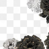 Peony png border, black, white, and gold color on transparent background