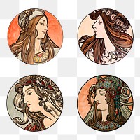 Lady art nouveau illustration png set, remixed from the artworks of <a href="https://www.rawpixel.com/search/Alphonse%20Maria%20Mucha?sort=curated&amp;page=1">Alphonse Maria Mucha</a>