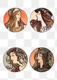 Art nouveau woman illustration png set, remixed from the artworks of <a href="https://www.rawpixel.com/search/Alphonse%20Maria%20Mucha?sort=curated&amp;page=1">Alphonse Maria Mucha</a>