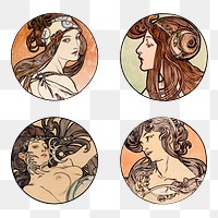 Lady art nouveau illustration png set, remixed from the artworks of <a href="https://www.rawpixel.com/search/Alphonse%20Maria%20Mucha?sort=curated&amp;page=1">Alphonse Maria Mucha</a>