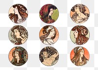 Lady art nouveau illustration png set, remixed from the artworks of Alphonse Maria Mucha