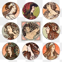 Art nouveau woman illustration png set, remixed from the artworks of <a href="https://www.rawpixel.com/search/Alphonse%20Maria%20Mucha?sort=curated&amp;page=1">Alphonse Maria Mucha</a>