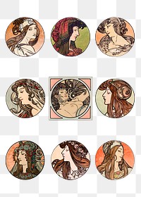 Lady art nouveau illustration png set, remixed from the artworks of <a href="https://www.rawpixel.com/search/Alphonse%20Maria%20Mucha?sort=curated&amp;page=1">Alphonse Maria Mucha</a>