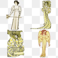 Art nouveau women png with different activities, remixed from the artworks of Jan Toorop.