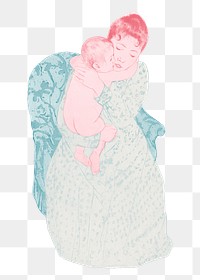 Vintage hand drawn mother embracing her little child illustration, remixed from the artworks of Mary Cassatt.