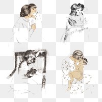 Vintage hand drawn mother and her child set illustration, remixed from the artworks of Mary Cassatt.