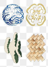 Japanese emblem ornamental element png set, remix of artwork by Watanabe Seitei