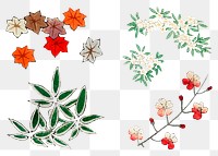 Japanese floral ornamental element png set, remix of artwork by Watanabe Seitei